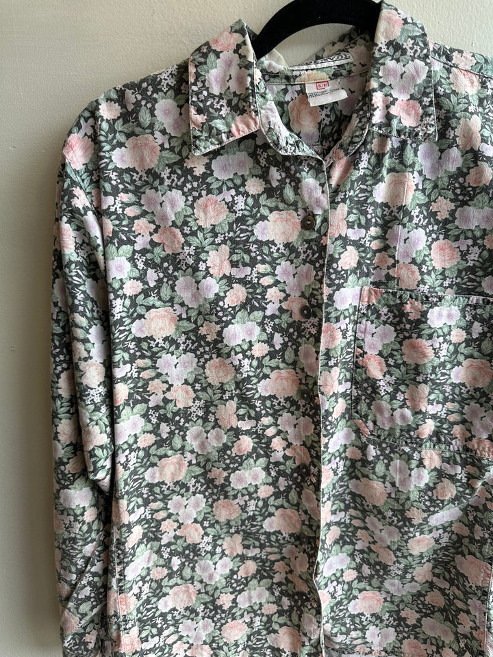 Vintage 80s Pastel Floral Cotton Button Up Long Sleeve Top