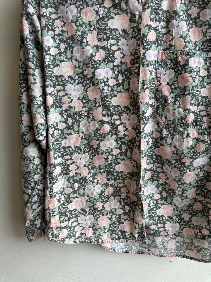 Vintage 80s Pastel Floral Cotton Button Up Long Sleeve Top