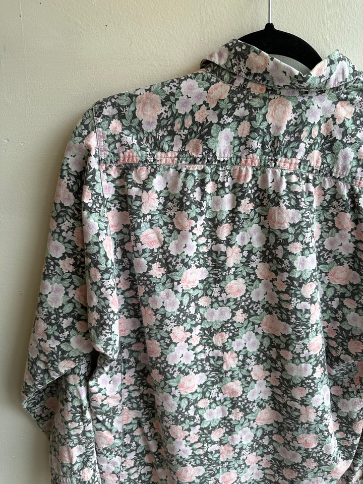 Vintage 80s Pastel Floral Cotton Button Up Long Sleeve Top