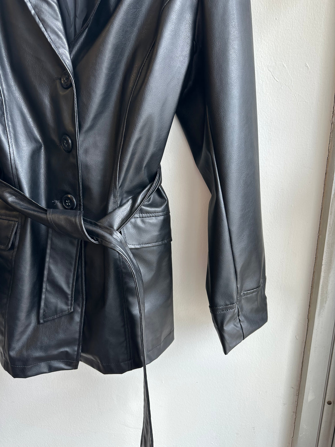 Vintage 90s Button Up Leather Jacket with Tie at Waist
