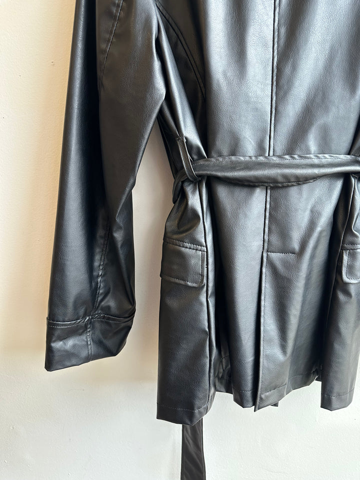 Vintage 90s Button Up Leather Jacket with Tie at Waist