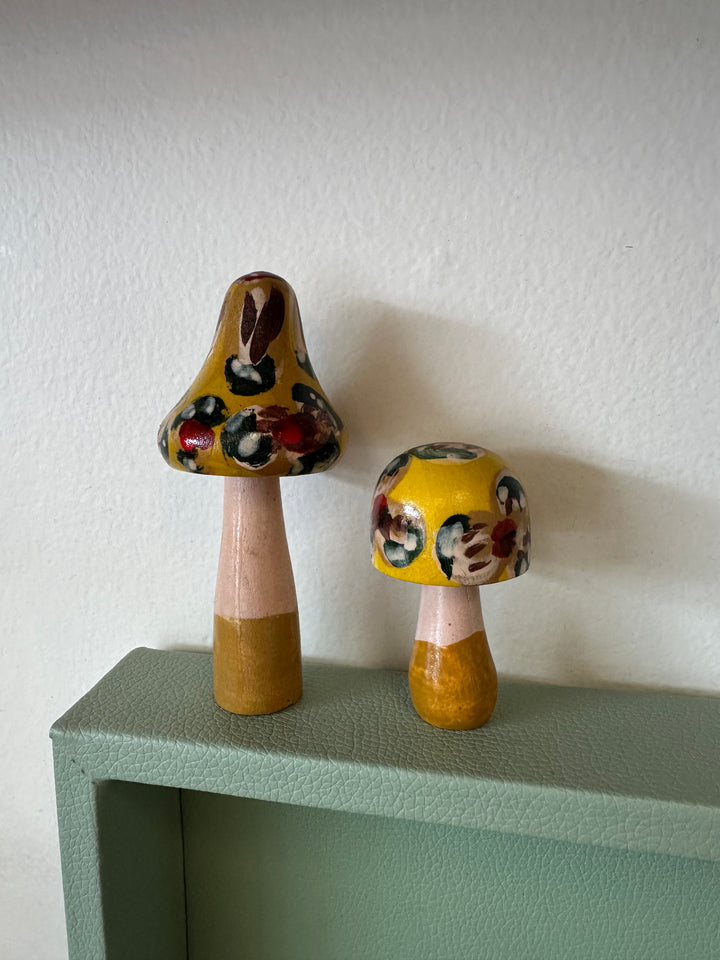 Folk Art Hand Painted Wooden Mushrooms Set of 2 (Yellow)