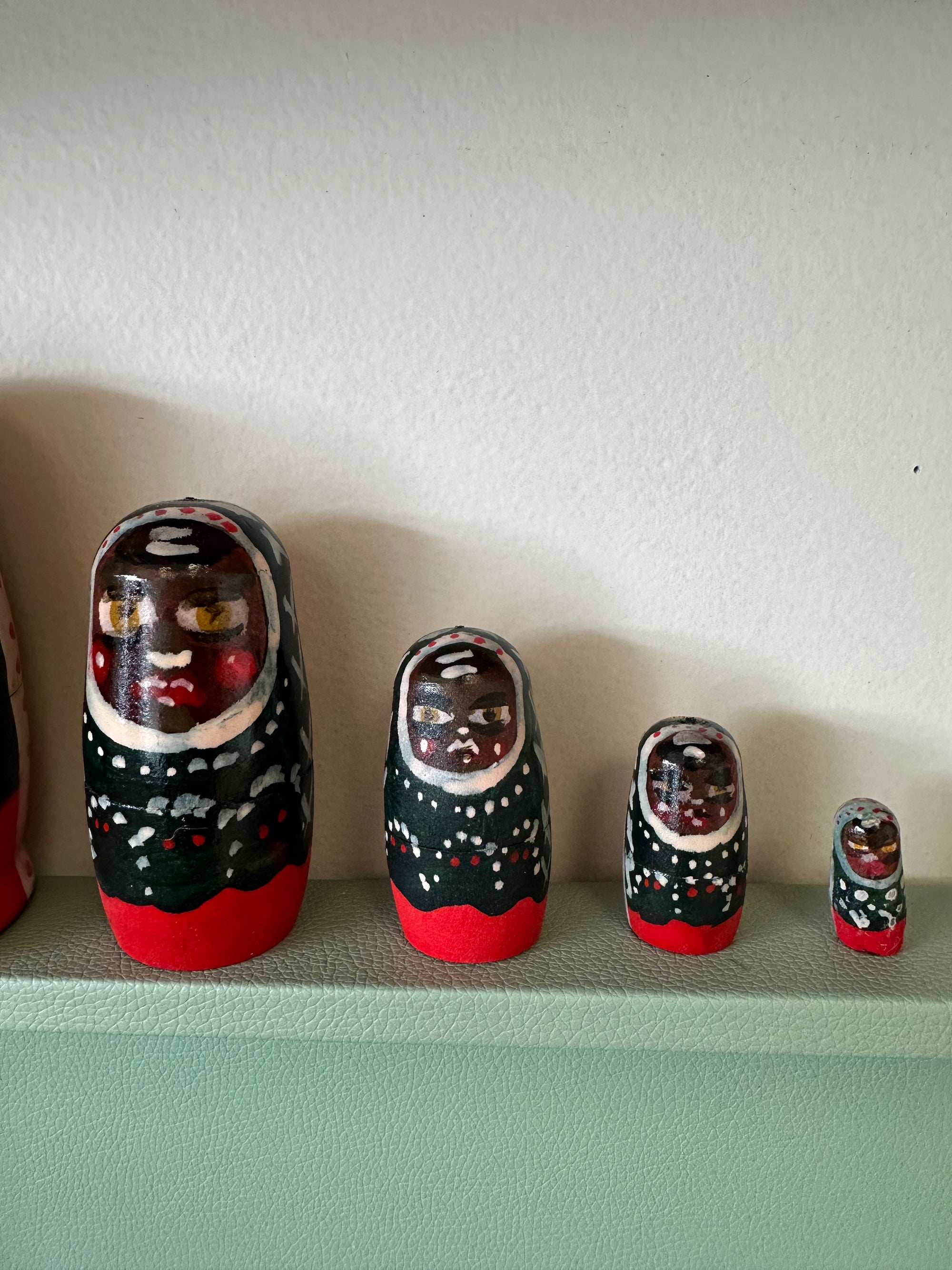 Folk Art Hand Painted Wooden Nesting Dolls Red Forest Green/Red