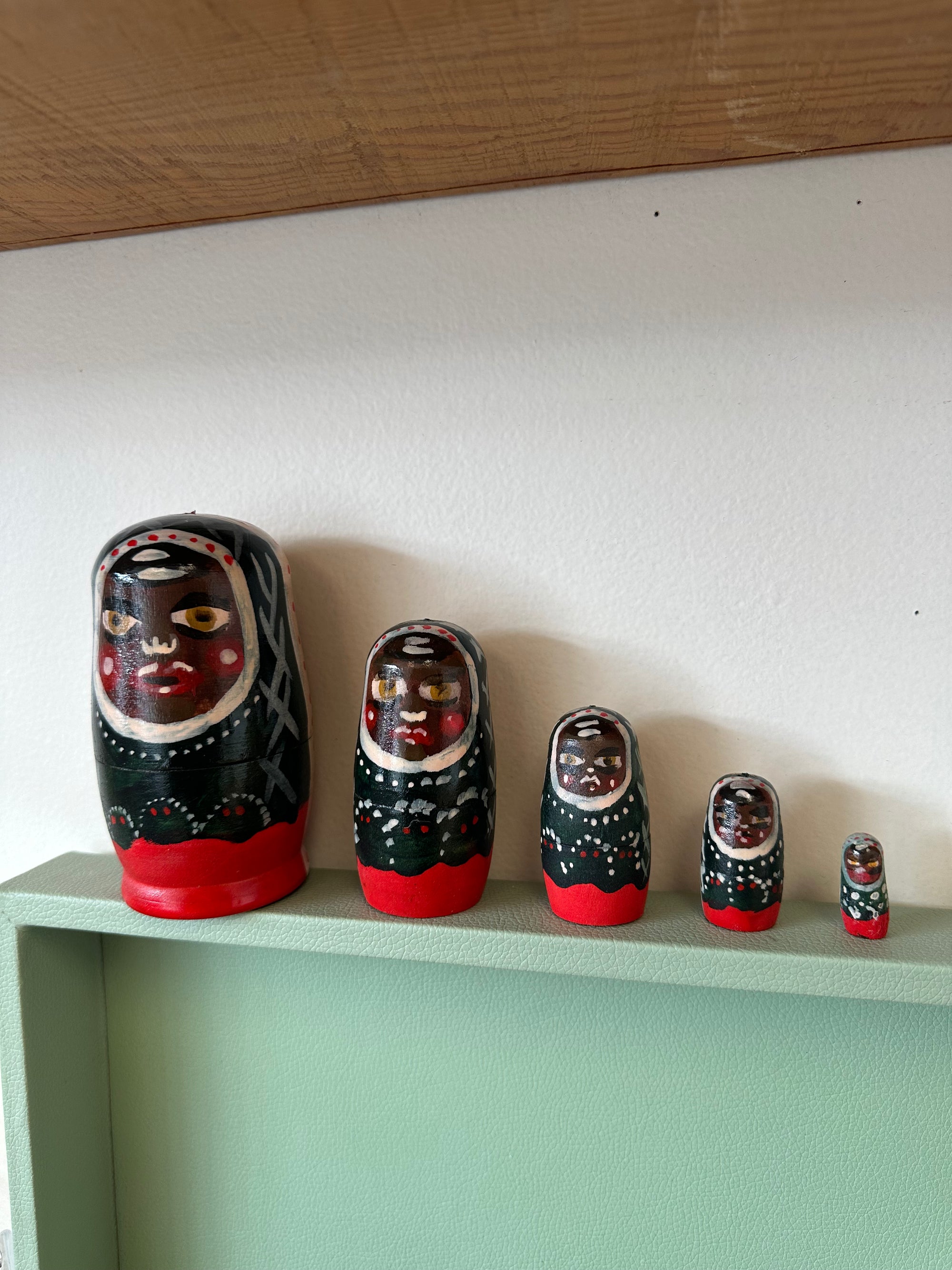 Folk Art Hand Painted Wooden Nesting Dolls Red Forest Green/Red
