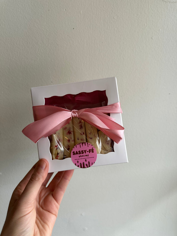 Sassy Fe Handcrafted Belgian White with local Raspberries Chocolate Box