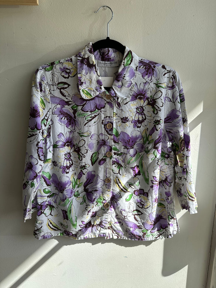 Vintage Linen Purple + White Button Up Top | Size Medium