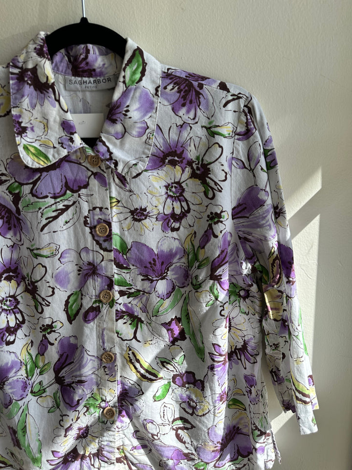 Vintage Linen Purple + White Button Up Top | Size Medium