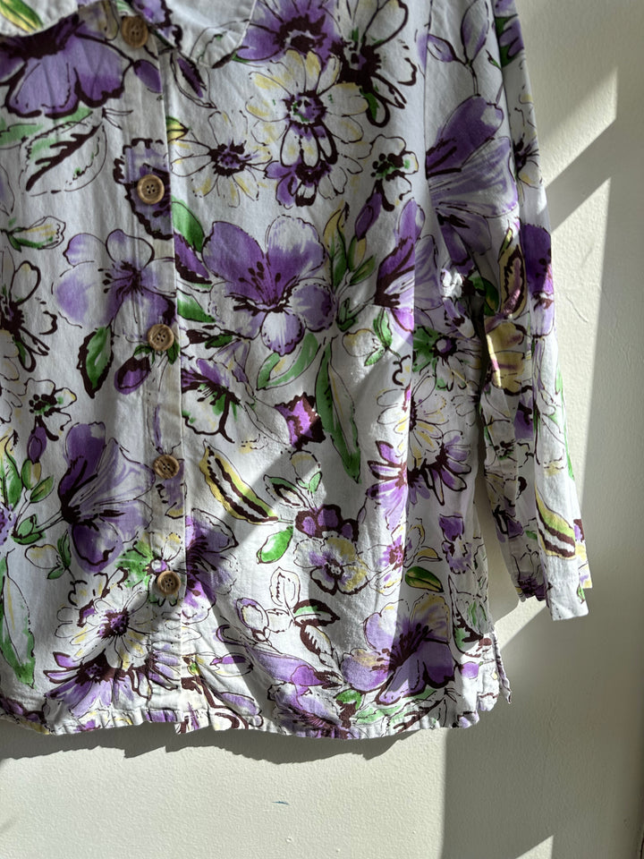 Vintage Linen Purple + White Button Up Top | Size Medium