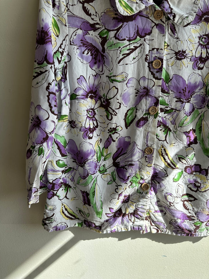 Vintage Linen Purple + White Button Up Top | Size Medium