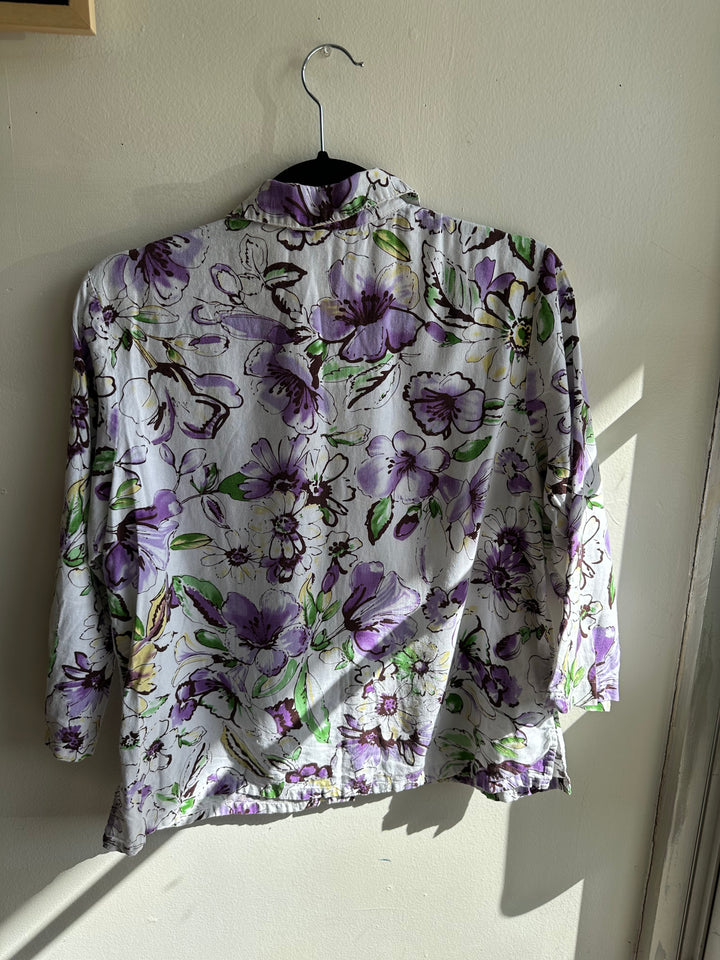 Vintage Linen Purple + White Button Up Top | Size Medium