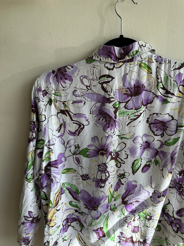 Vintage Linen Purple + White Button Up Top | Size Medium