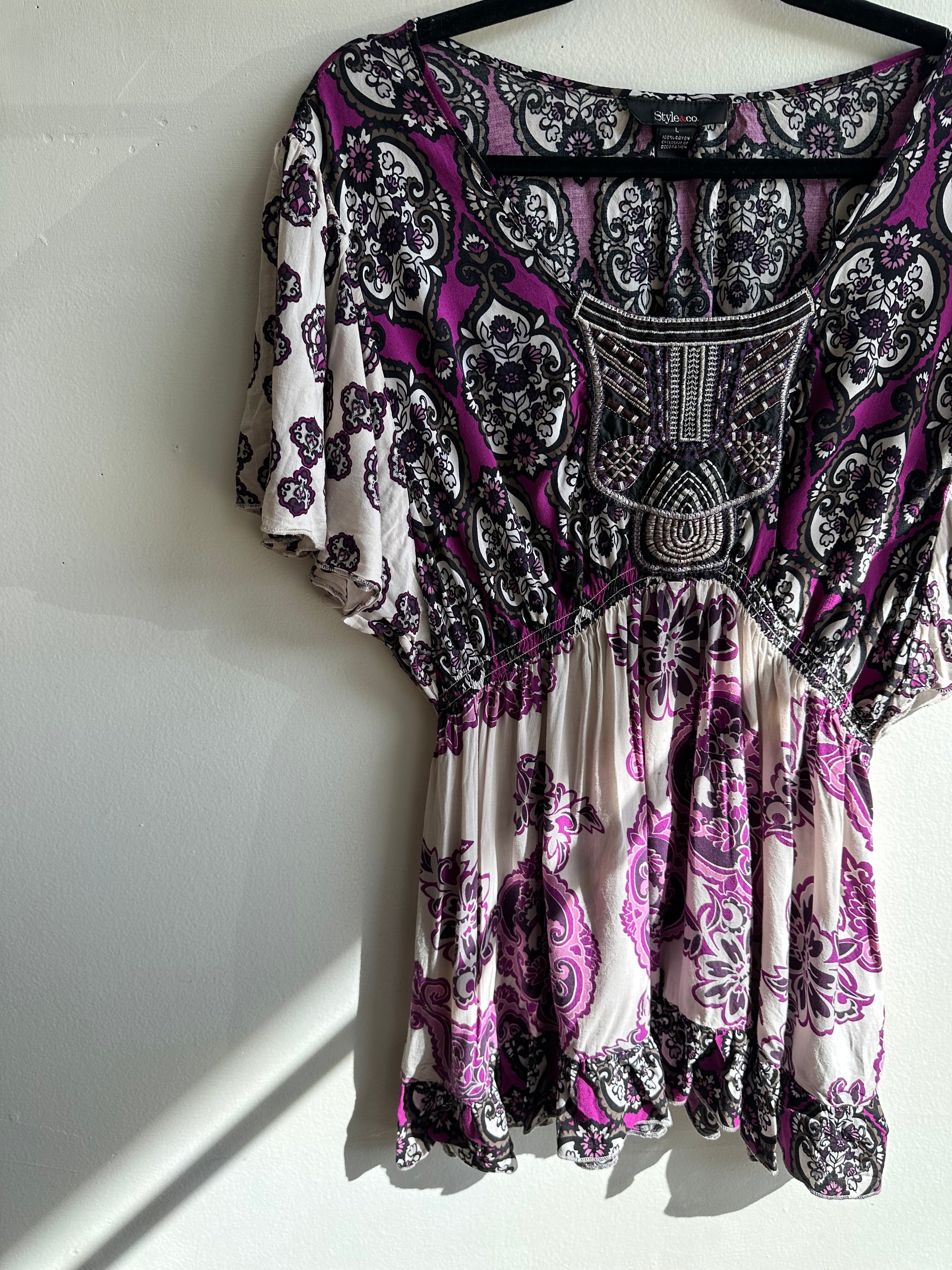 Vintage Y2K Empire Waist Pink Floral Patterned Top | Size Medium