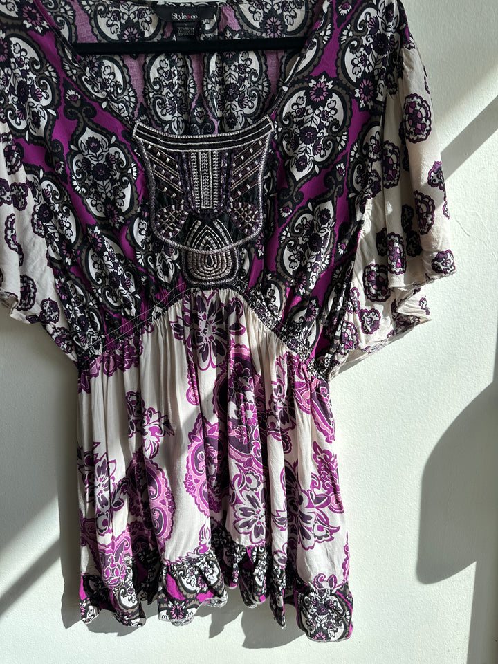 Vintage Y2K Empire Waist Pink Floral Patterned Top | Size Medium