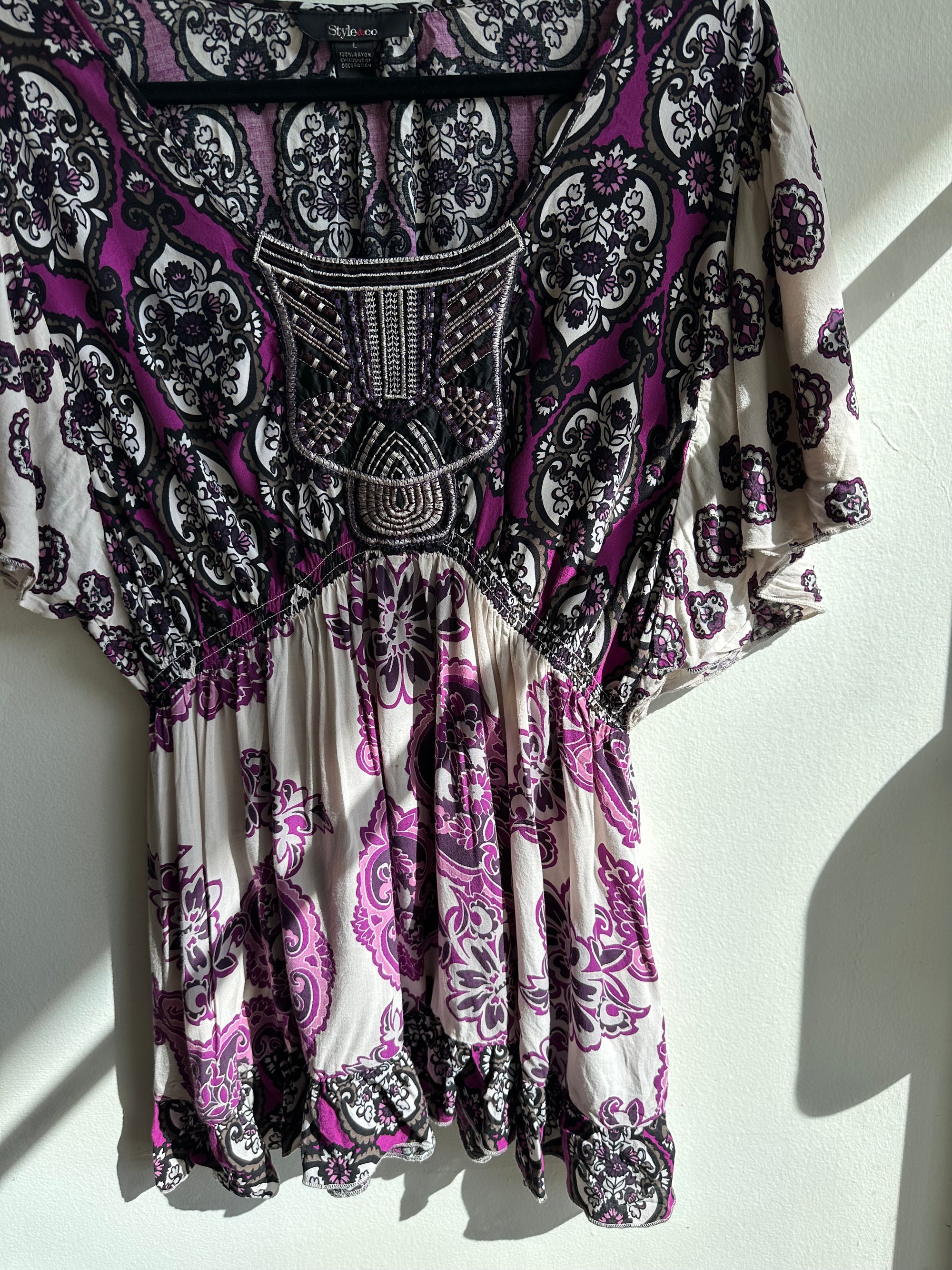 Vintage Y2K Empire Waist Pink Floral Patterned Top | Size Medium