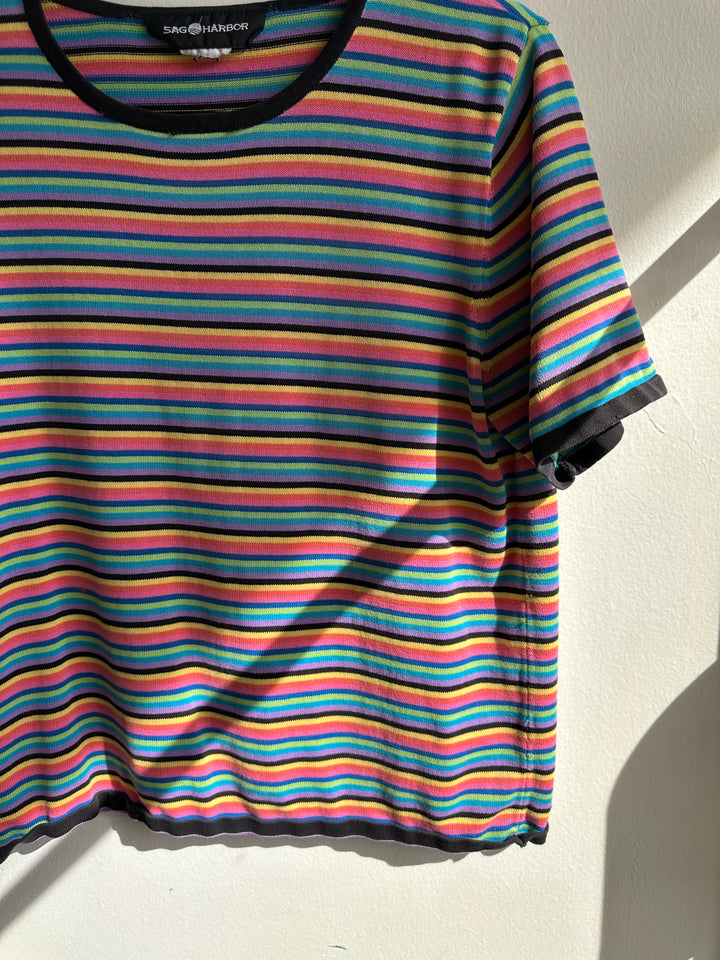 Vintage 90s Striped Colourful Knit T-Shirt | Size Medium