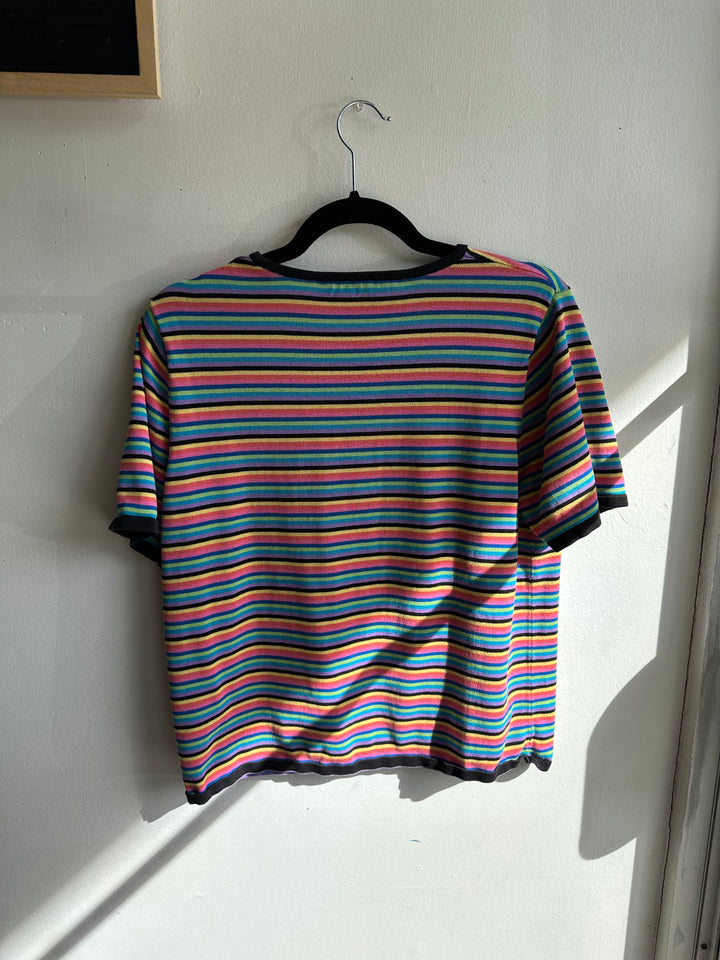 Vintage 90s Striped Colourful Knit T-Shirt | Size Medium