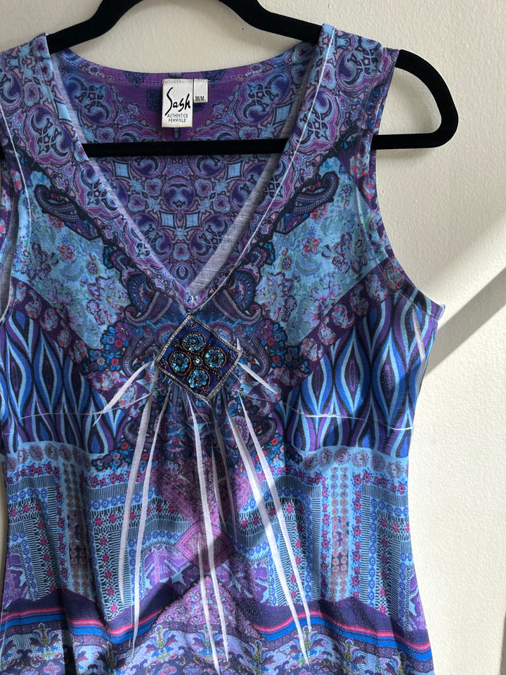 Vintage Y2K Blue Eclectic Patterned Tank Top | Size Medium