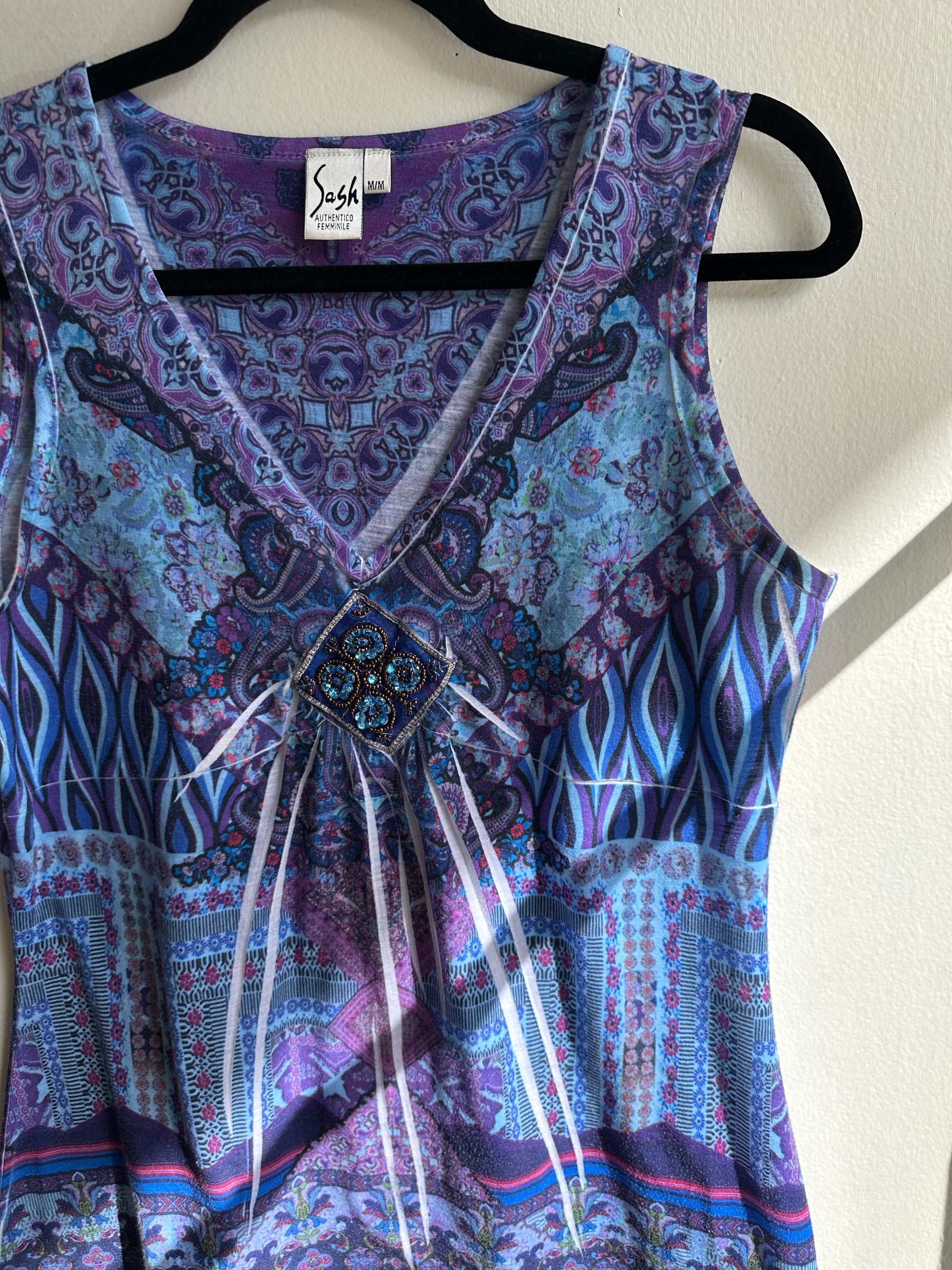 Vintage Y2K Blue Eclectic Patterned Tank Top | Size Medium