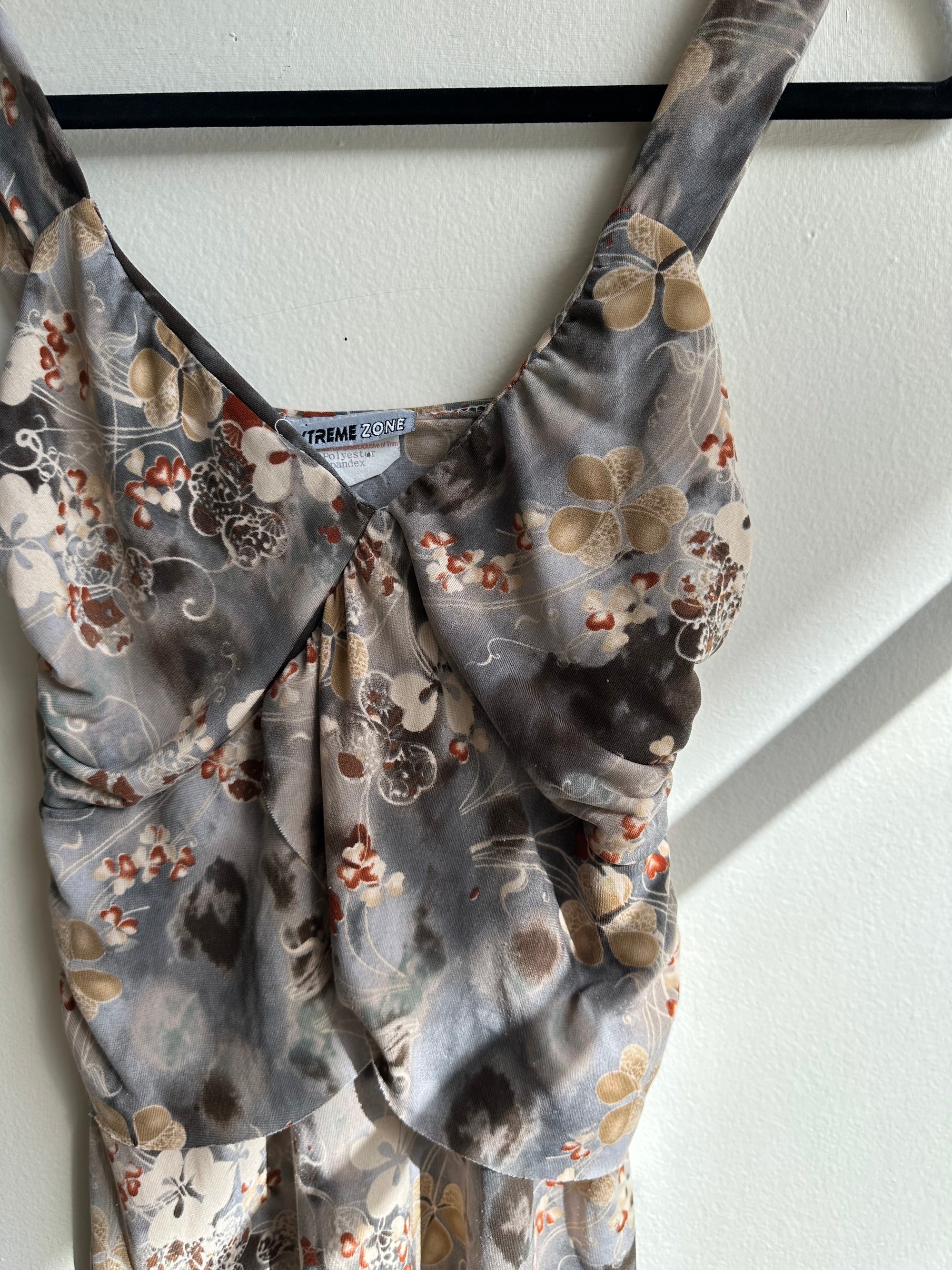 Vintage Y2K Grey Brown Floral Tiered Abstract Tank Top | Size Medium