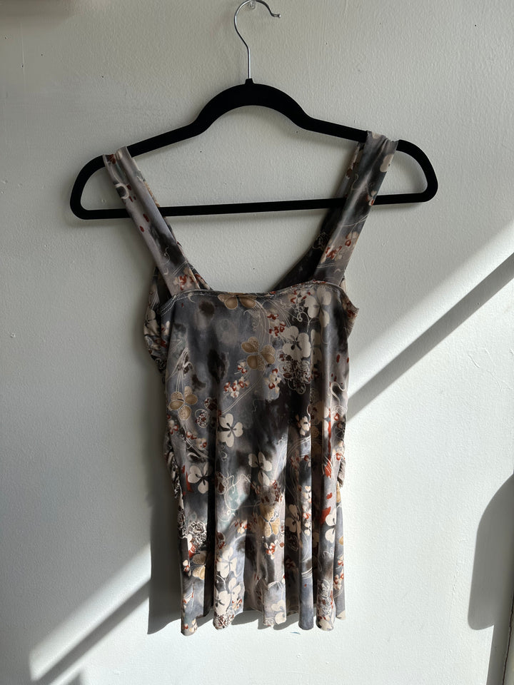Vintage Y2K Grey Brown Floral Tiered Abstract Tank Top | Size Medium