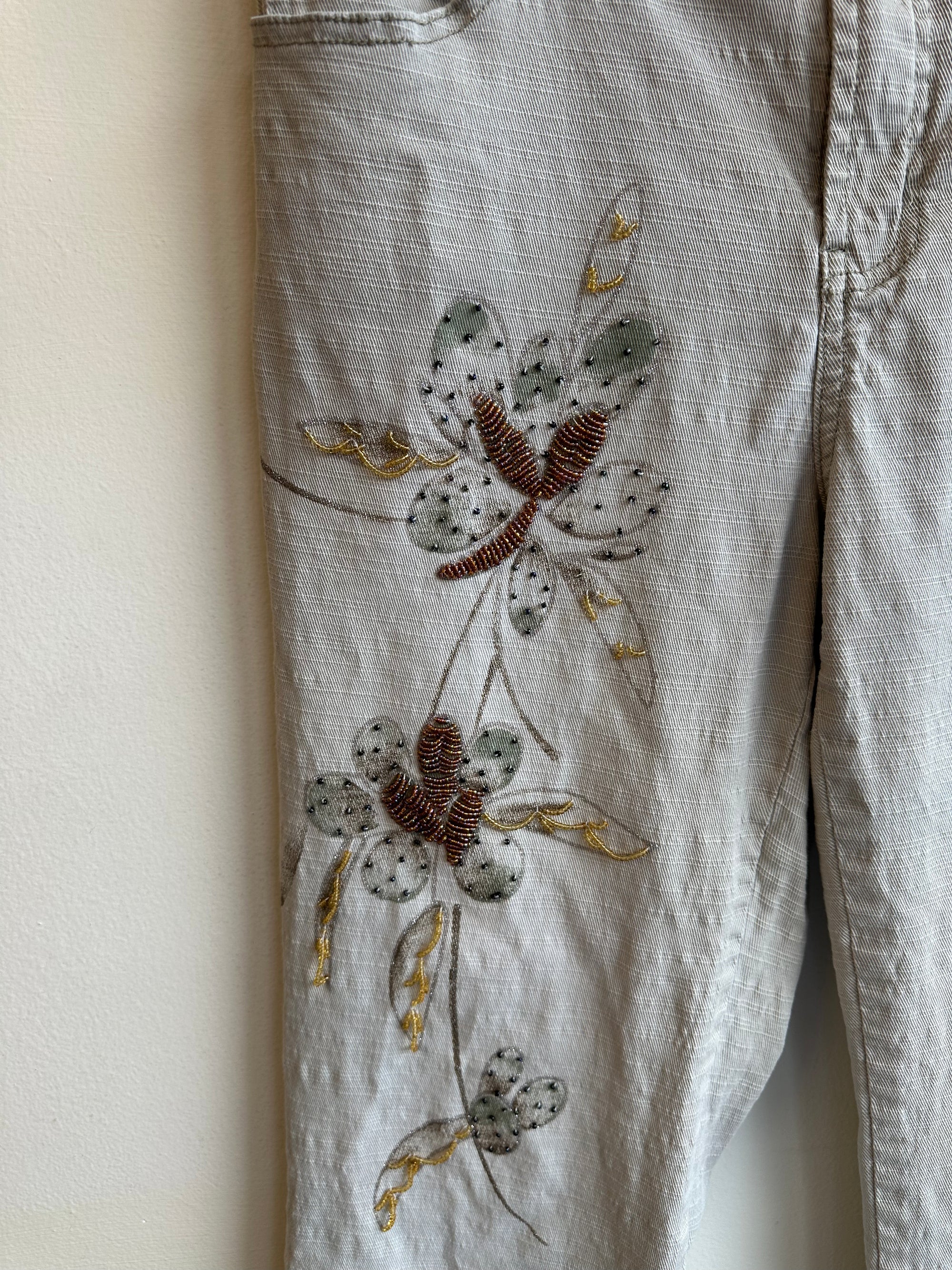 Vintage Y2 Blue Brand Floral Beaded Embroidered Light Gray Wide-Leg Jeans | Size 30