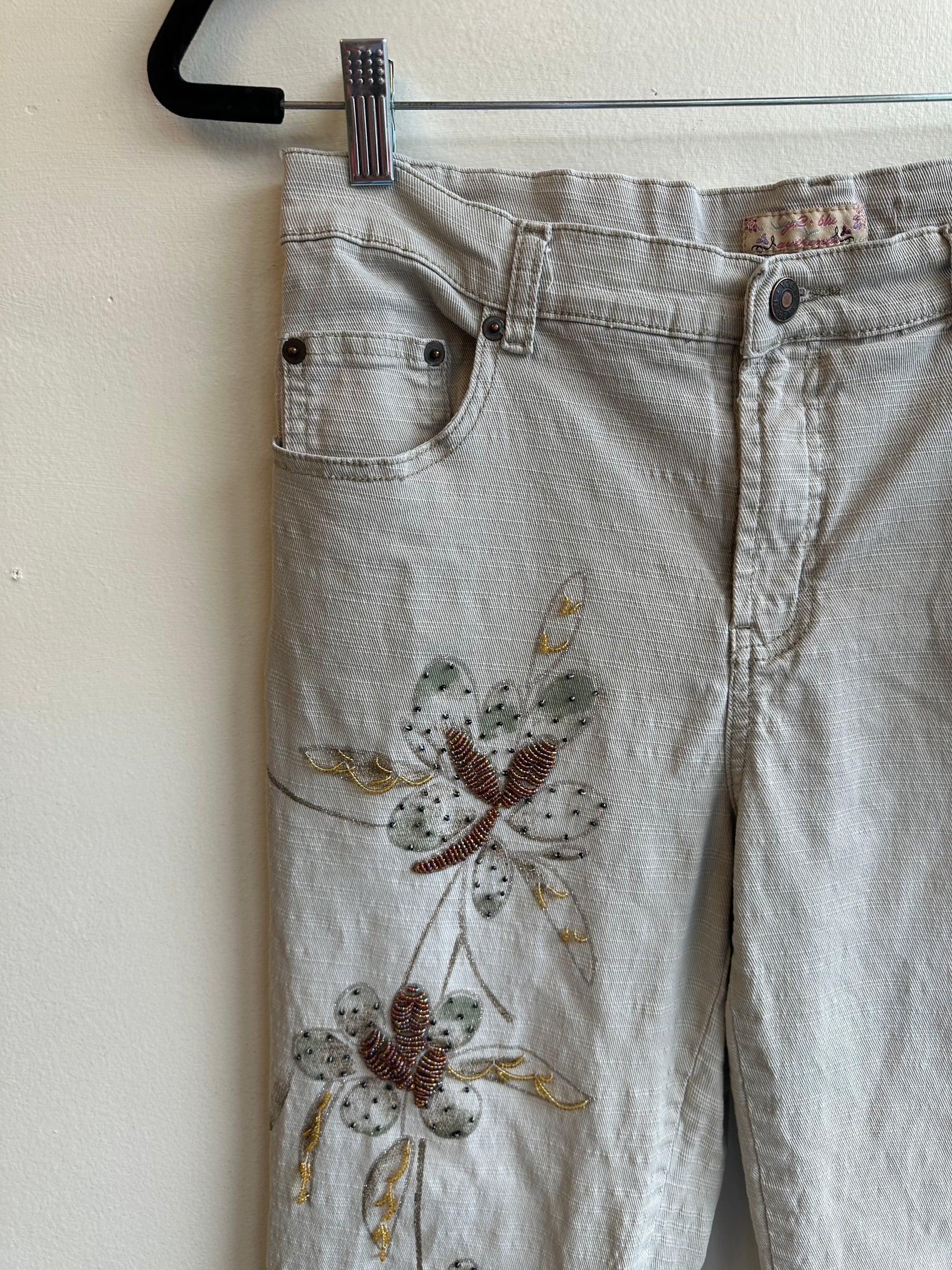 Vintage Y2 Blue Brand Floral Beaded Embroidered Light Gray Wide-Leg Jeans | Size 30