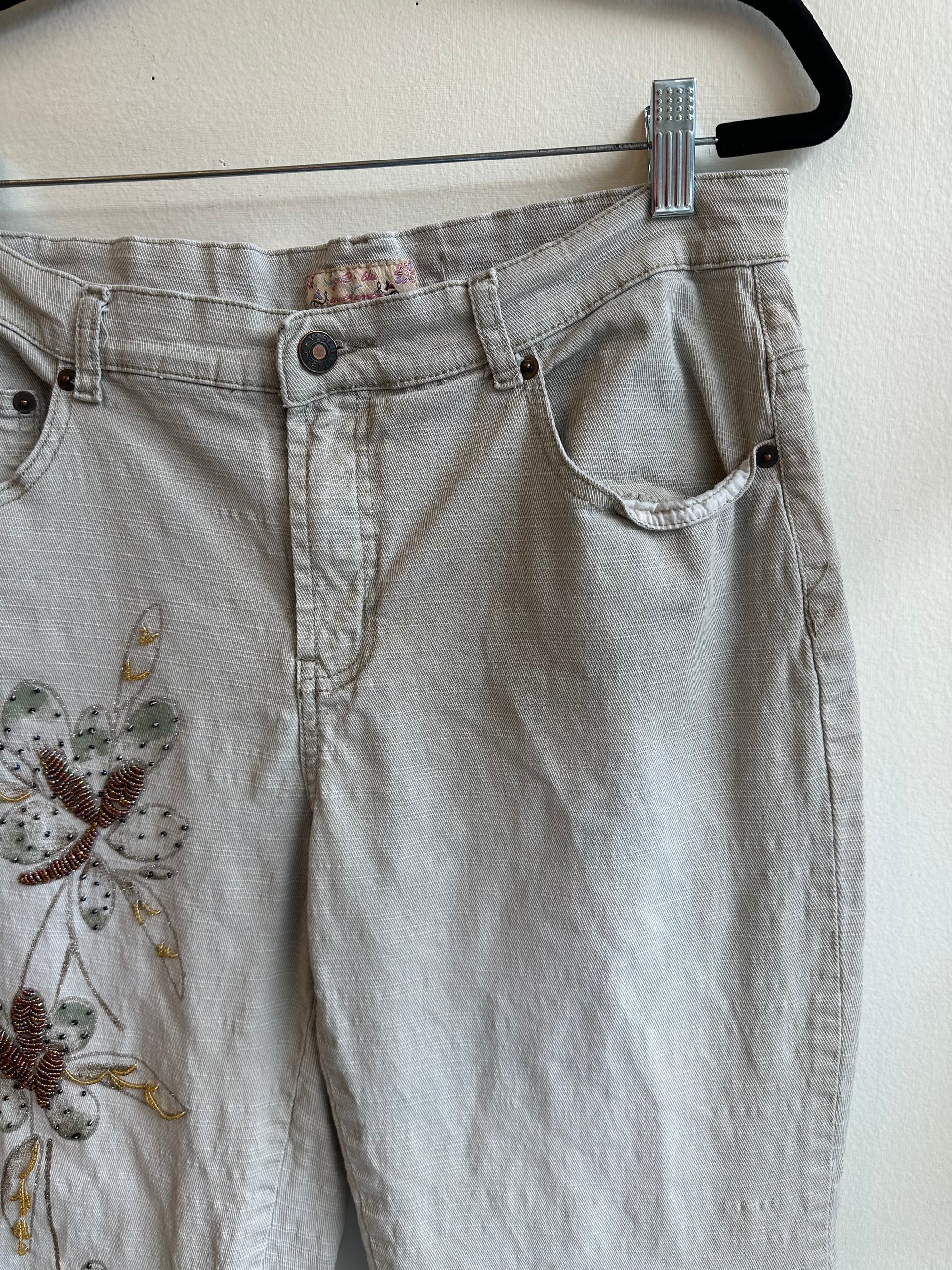 Vintage Y2 Blue Brand Floral Beaded Embroidered Light Gray Wide-Leg Jeans | Size 30