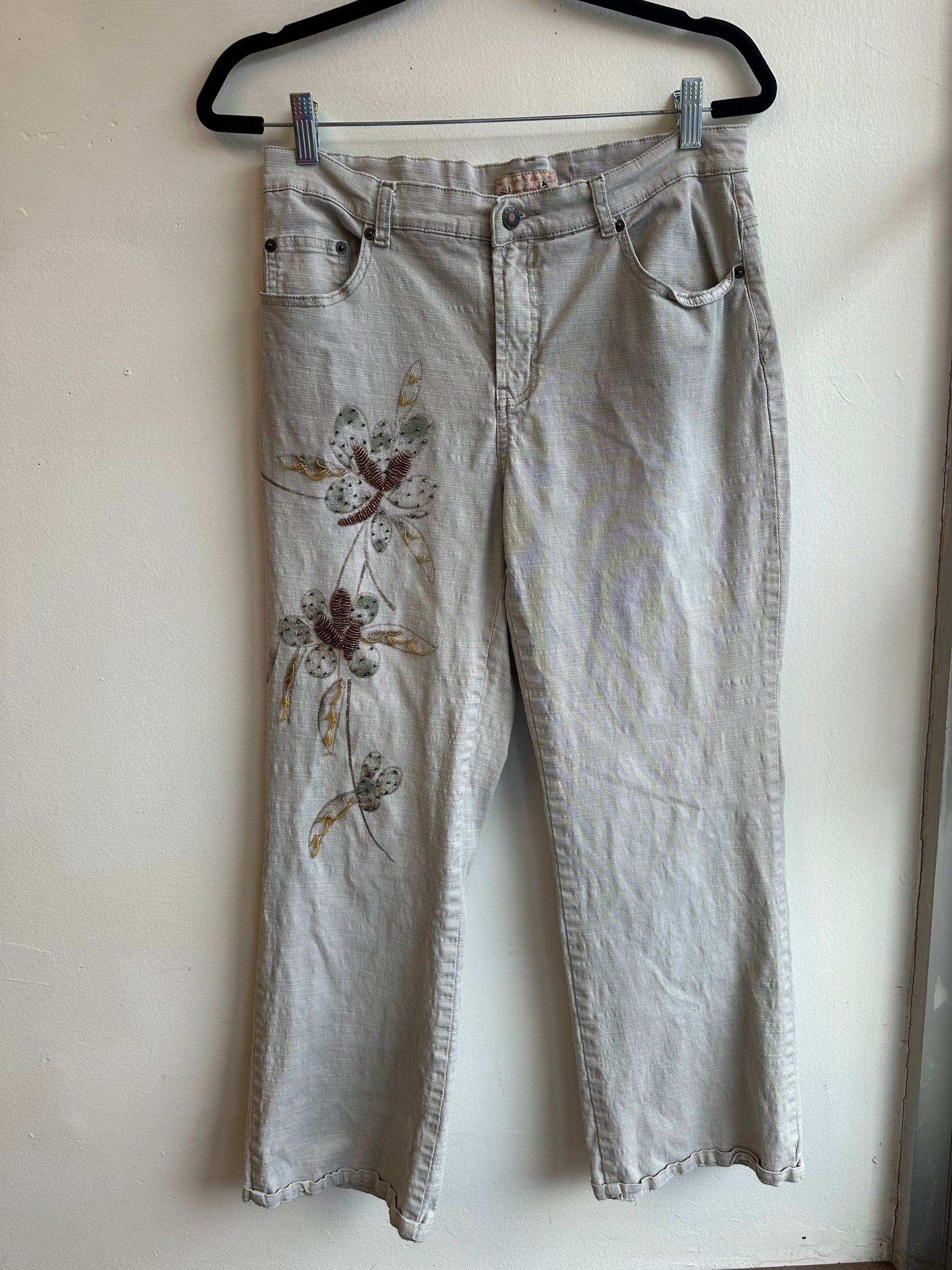 Vintage Y2 Blue Brand Floral Beaded Embroidered Light Gray Wide-Leg Jeans | Size 30