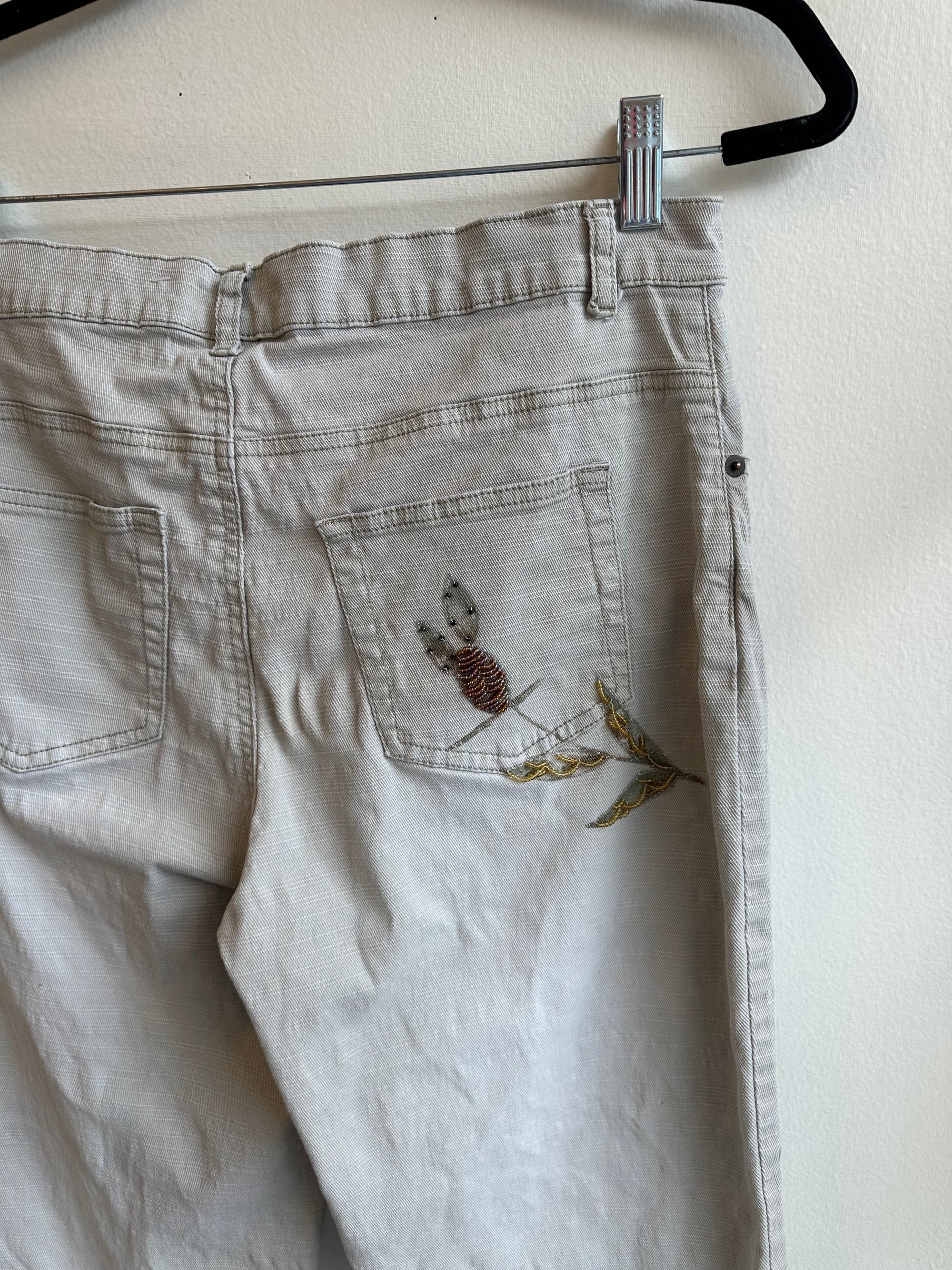 Vintage Y2 Blue Brand Floral Beaded Embroidered Light Gray Wide-Leg Jeans | Size 30