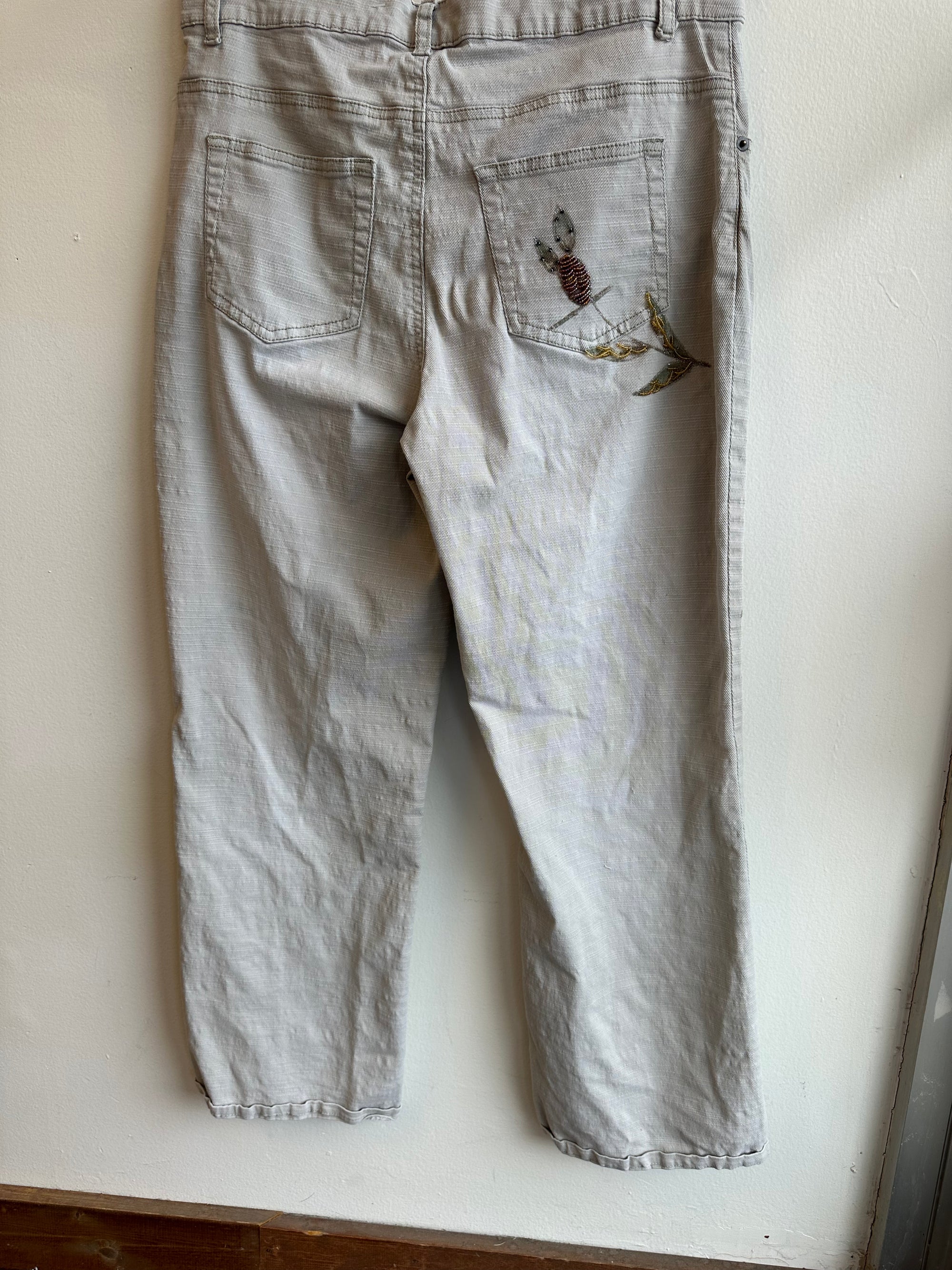 Vintage Y2 Blue Brand Floral Beaded Embroidered Light Gray Wide-Leg Jeans | Size 30