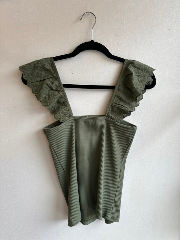 GAP Green Tank Top With Ruffle Eyelet Straps | Size Small | New With Tags