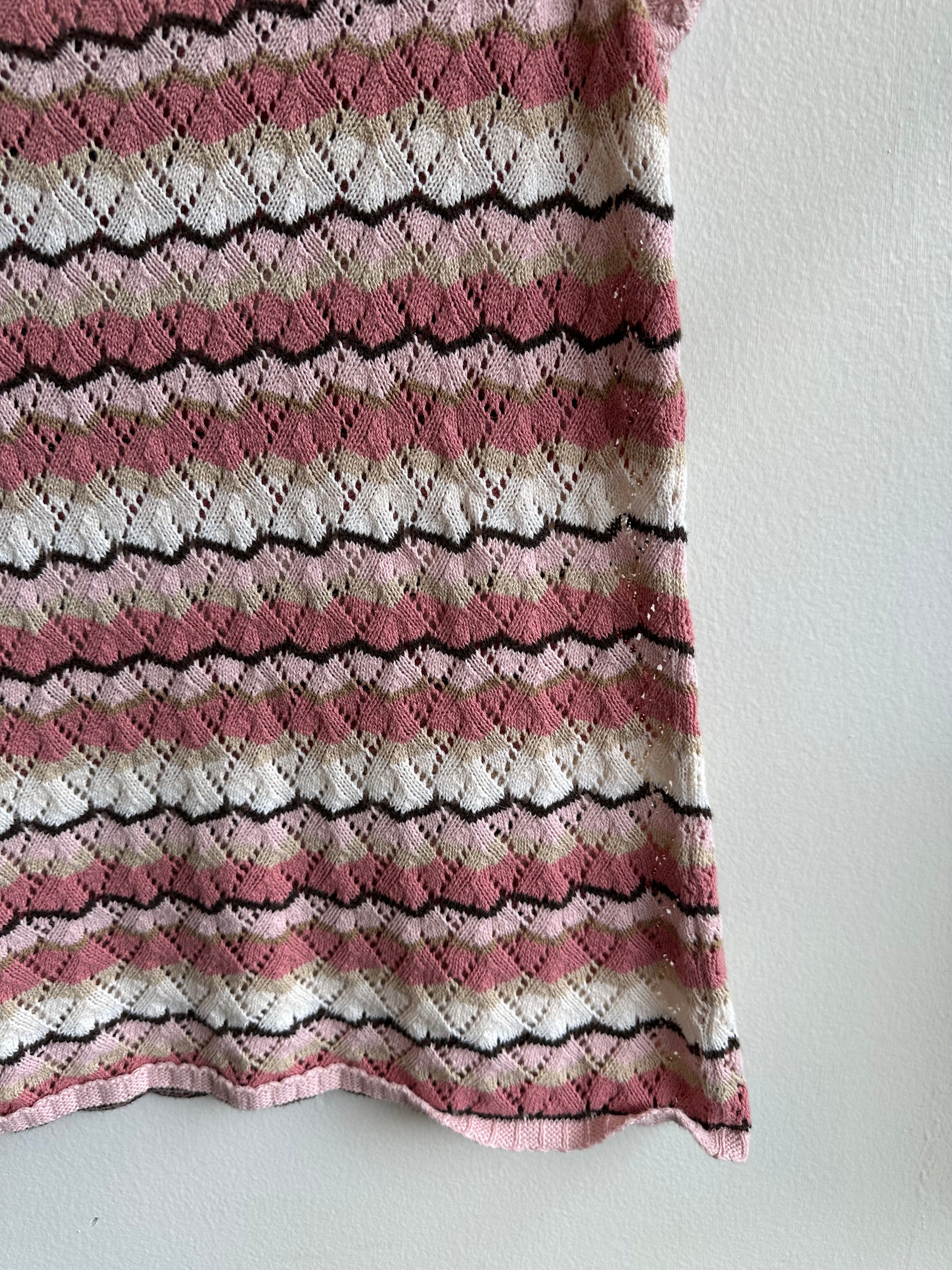 Vintage Villager Knit Tee with Pink Brown Multi-Color Striped Pattern | Size Medium