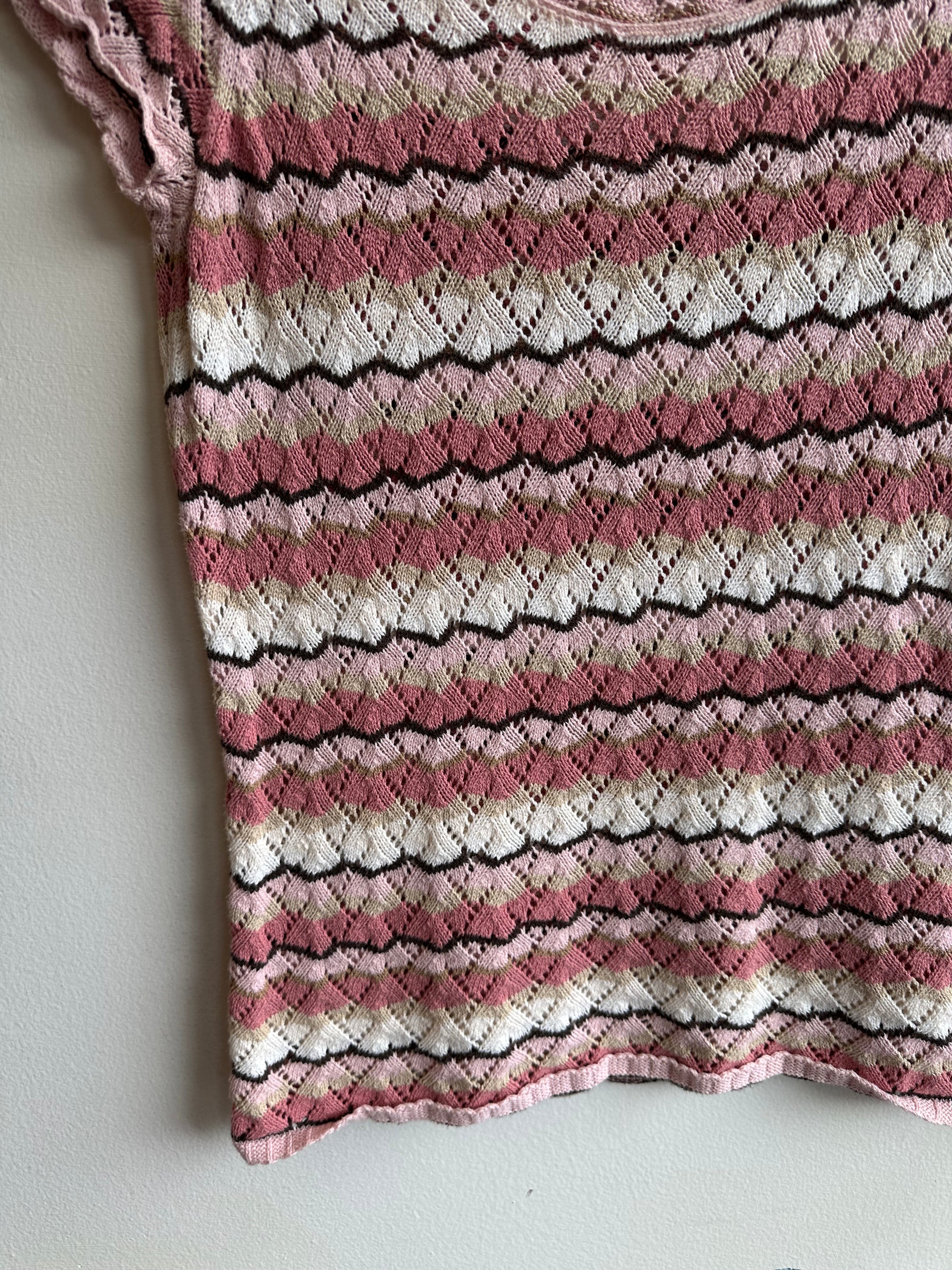 Vintage Villager Knit Tee with Pink Brown Multi-Color Striped Pattern | Size Medium