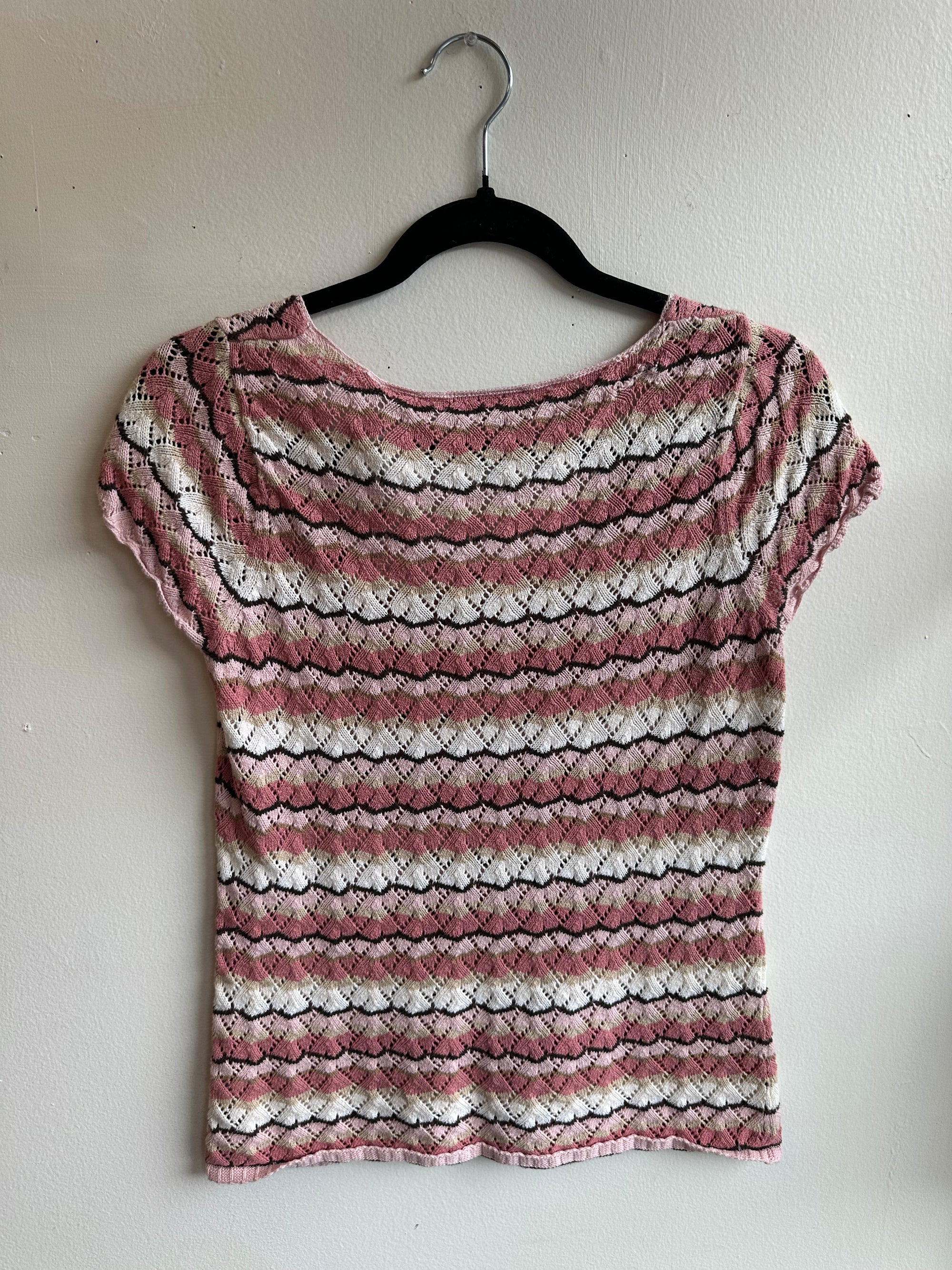 Vintage Villager Knit Tee with Pink Brown Multi-Color Striped Pattern | Size Medium