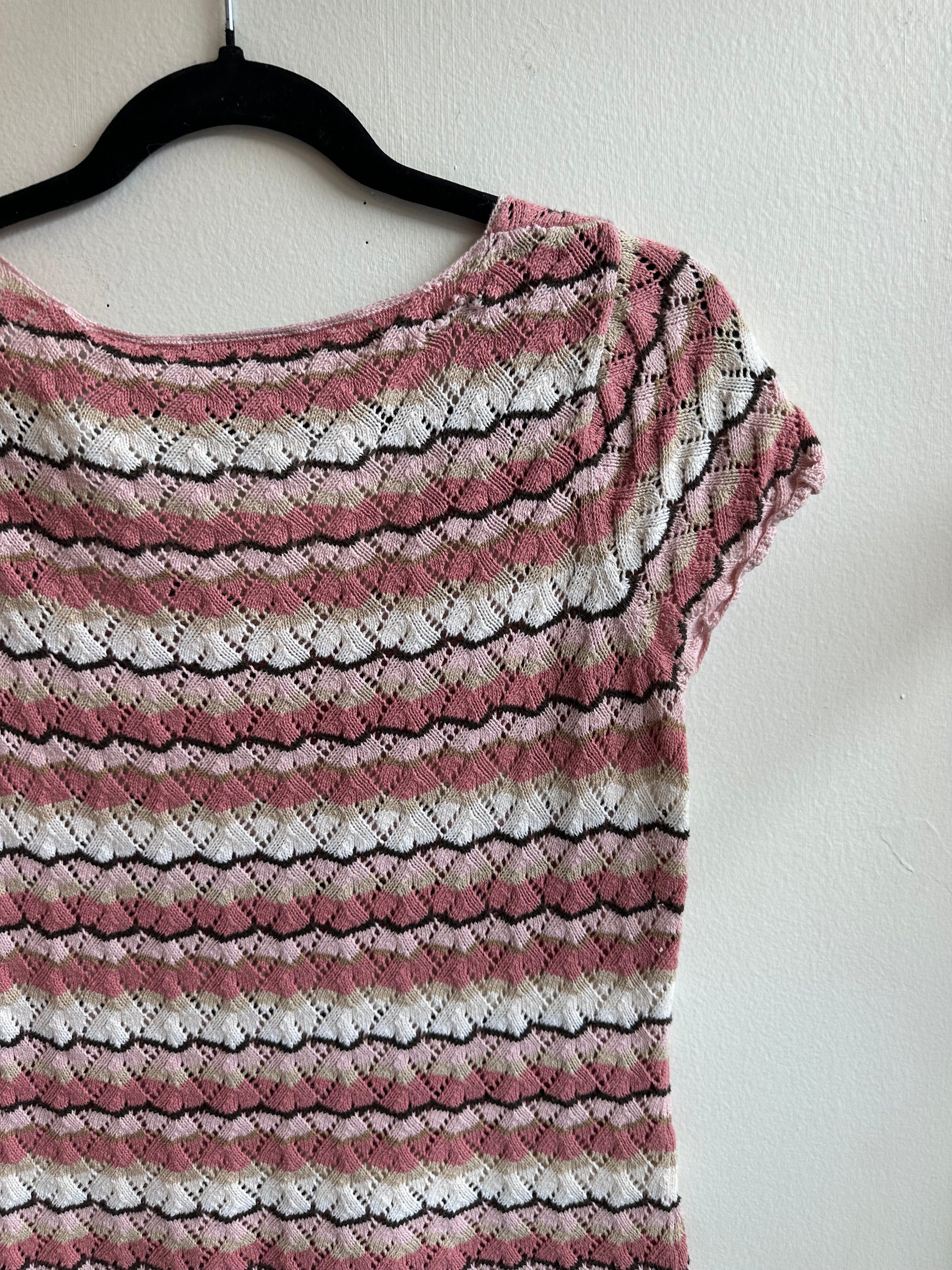 Vintage Villager Knit Tee with Pink Brown Multi-Color Striped Pattern | Size Medium