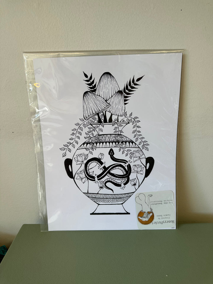 Honey Pot Art Mushroom Vase Print 11” x 8.5”
