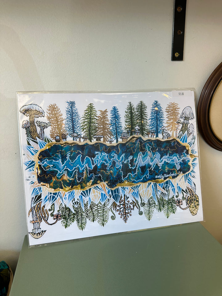 Kimboho Art Print Blue Green Trees 14” x 11”