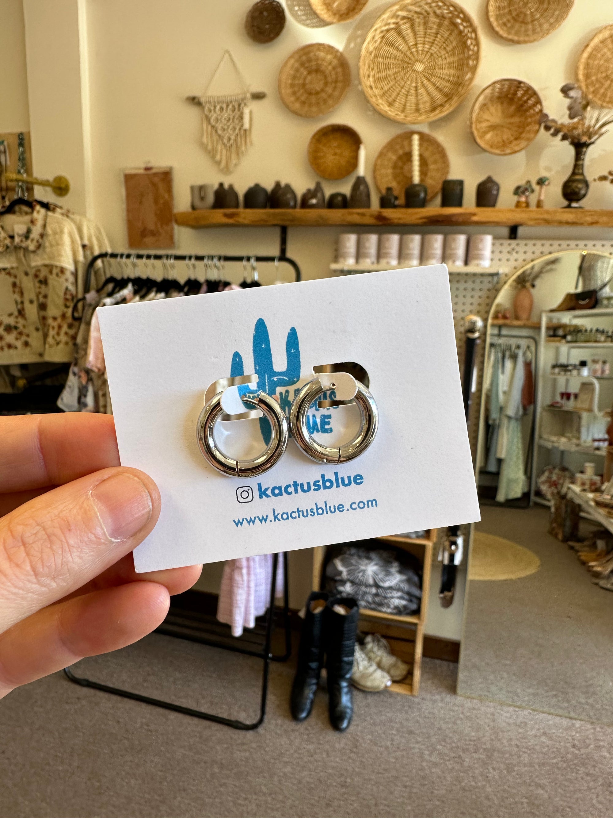 Kactus Blue - Chunky Silver Hoop Earrings