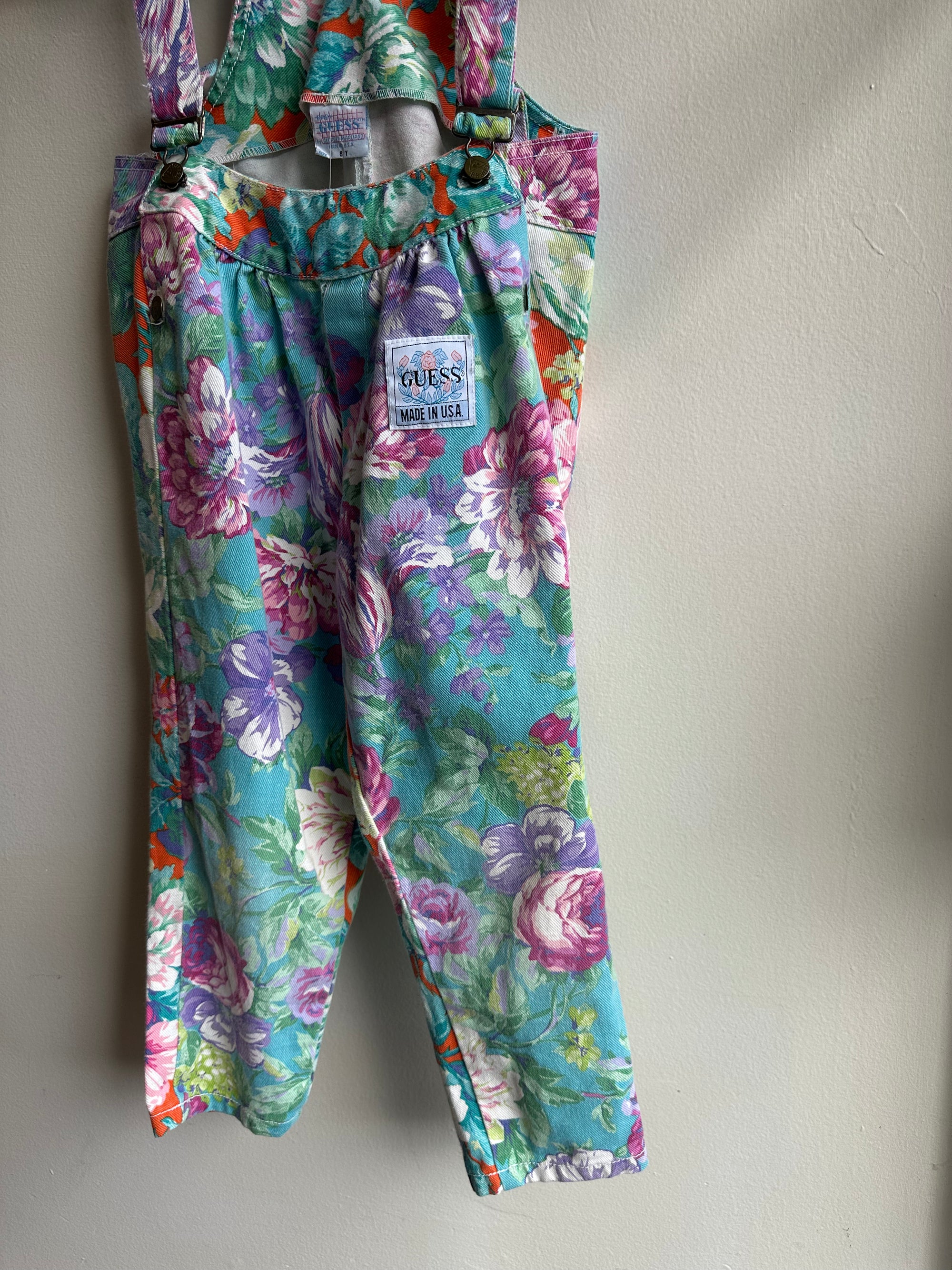 Vintage Guess Orange Floral Denim Overalls | Girls Size 6