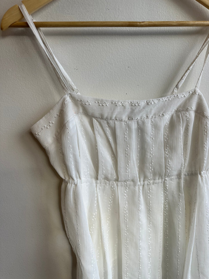 Embroidered White Boho Baby Doll Tank Top | Size Large