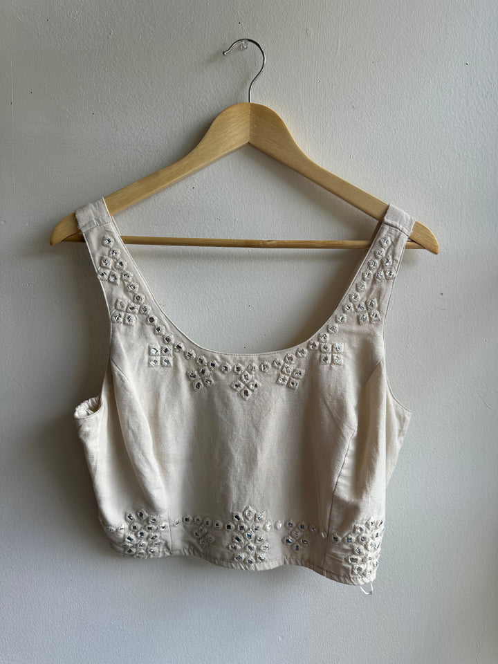 Embellished Beige Cropped Tank Top | Size Large