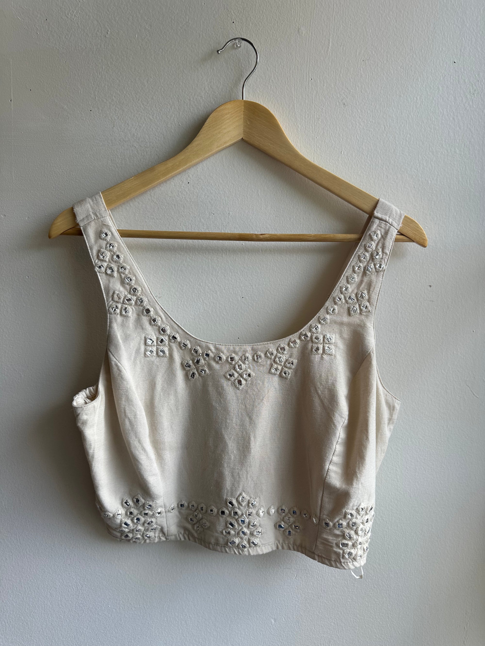 Embellished Beige Cropped Tank Top | Size Large