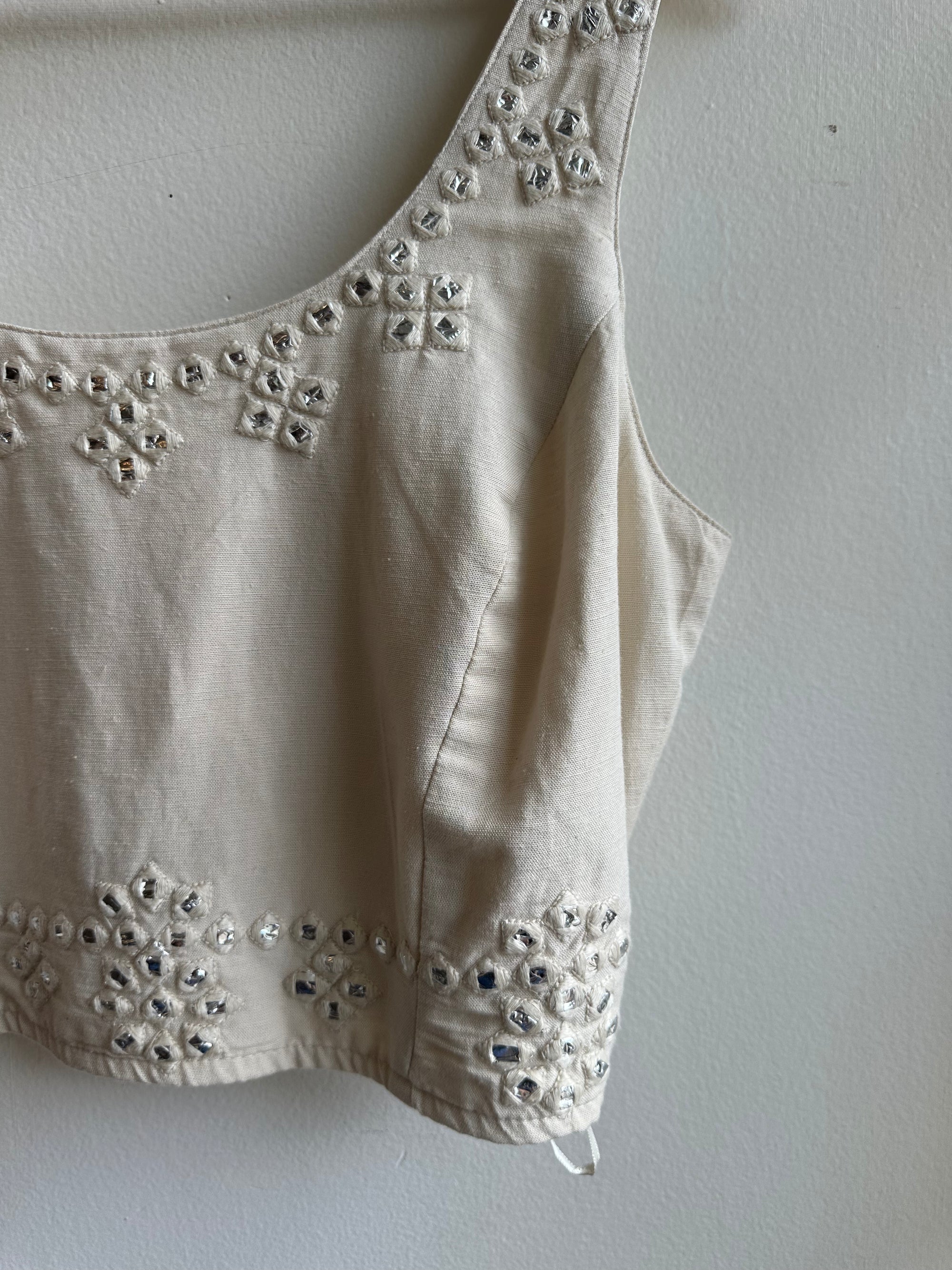 Embellished Beige Cropped Tank Top | Size Large