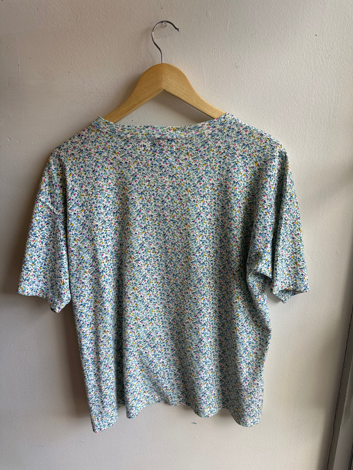 Vintage 80s Blue + Pink Flower Tee Shirt | Size Medium