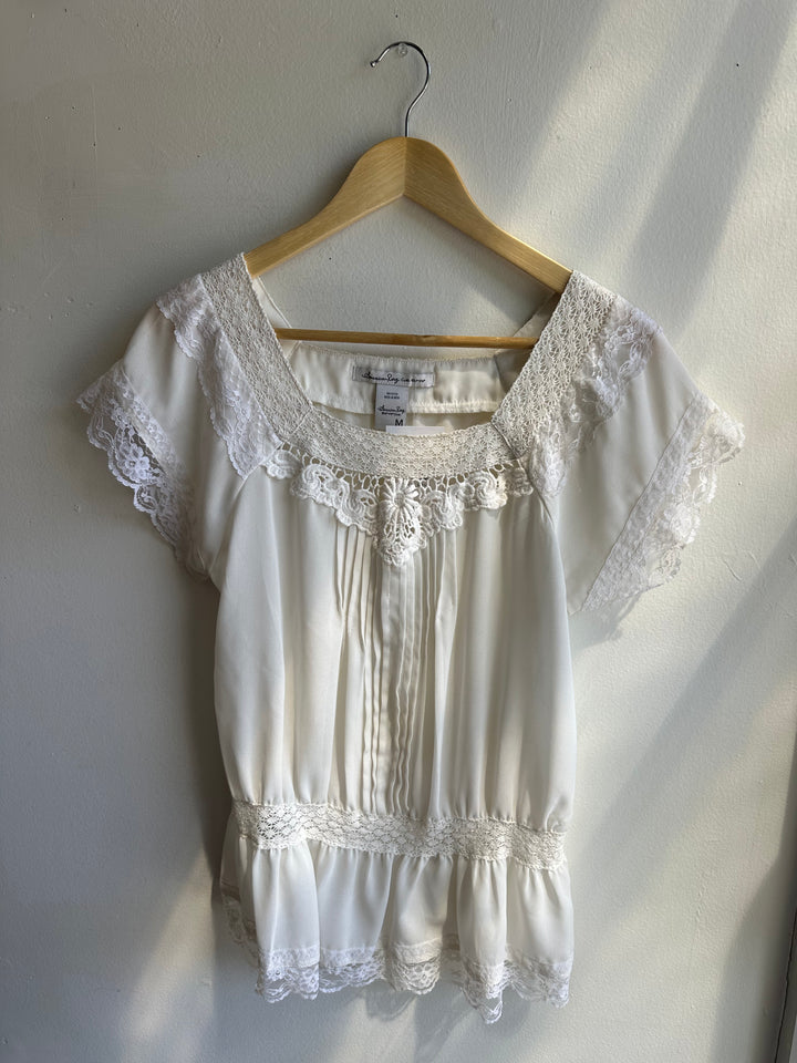 Vintage American Rag White Boho Lace Cap Sleeve Top | Size Medium