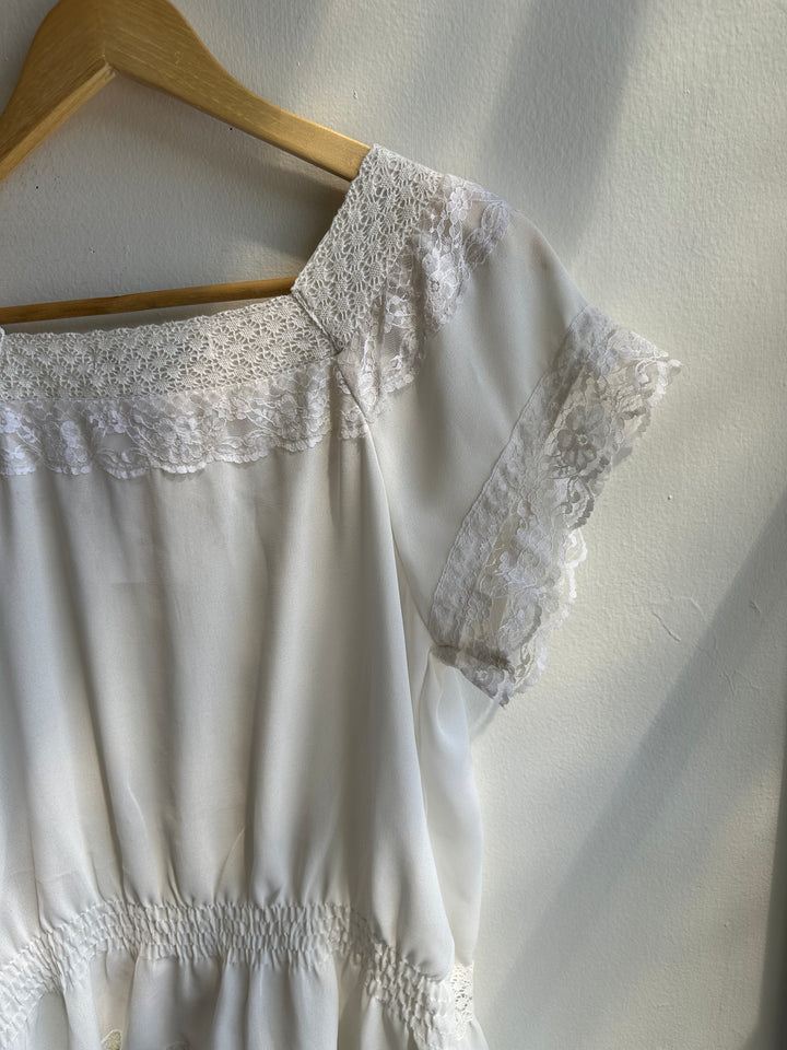 Vintage American Rag White Boho Lace Cap Sleeve Top | Size Medium