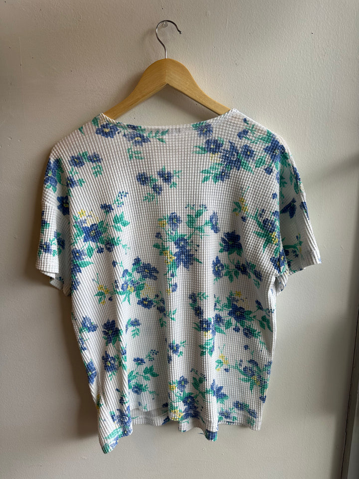 Vintage Blue + Green Waffle Knit Floral T-Shirt | Size Large
