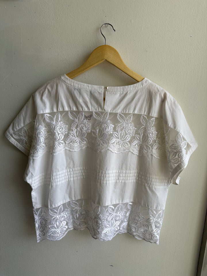 Vintage Jackie K White Lace + Cotton T-Shirt | Size Medium | Made in Canada