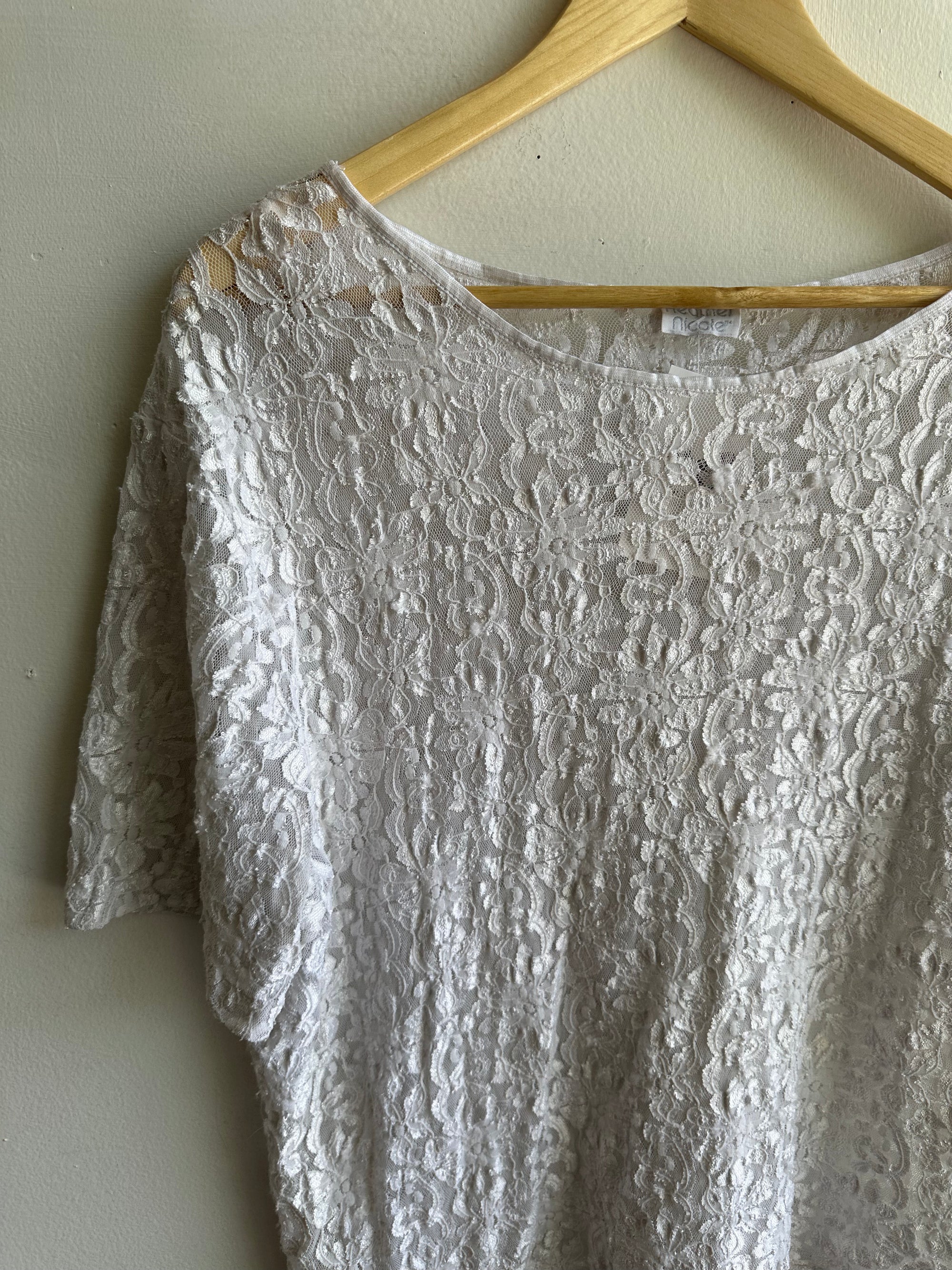 Vintage 80s Heather Nicole Stretchy Lace T-Shirt | Size Large