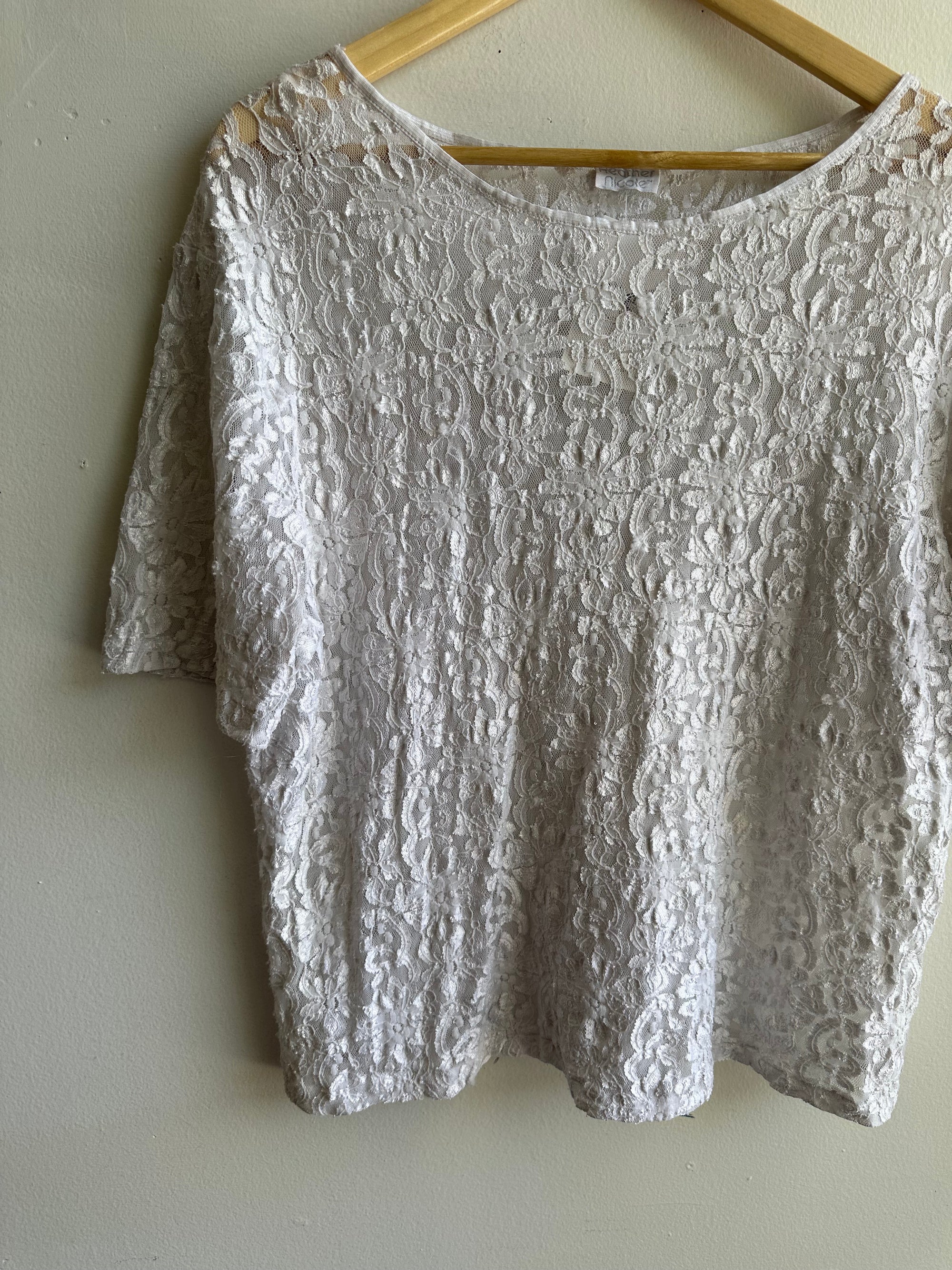 Vintage 80s Heather Nicole Stretchy Lace T-Shirt | Size Large